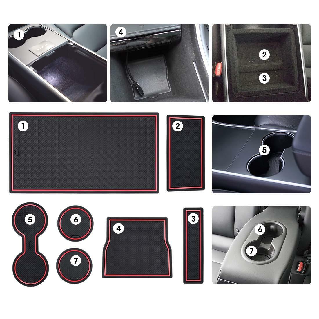 Tesla Model 3 Cup Holder & Center Console Mat Liner Set, 7-Piece, Black / Red, 2017-2020 - Image 4