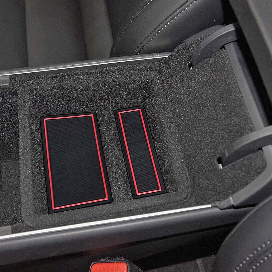 Tesla Model 3 Cup Holder & Center Console Mat Liner Set, 7-Piece, Black / Red, 2017-2020 - Image 6