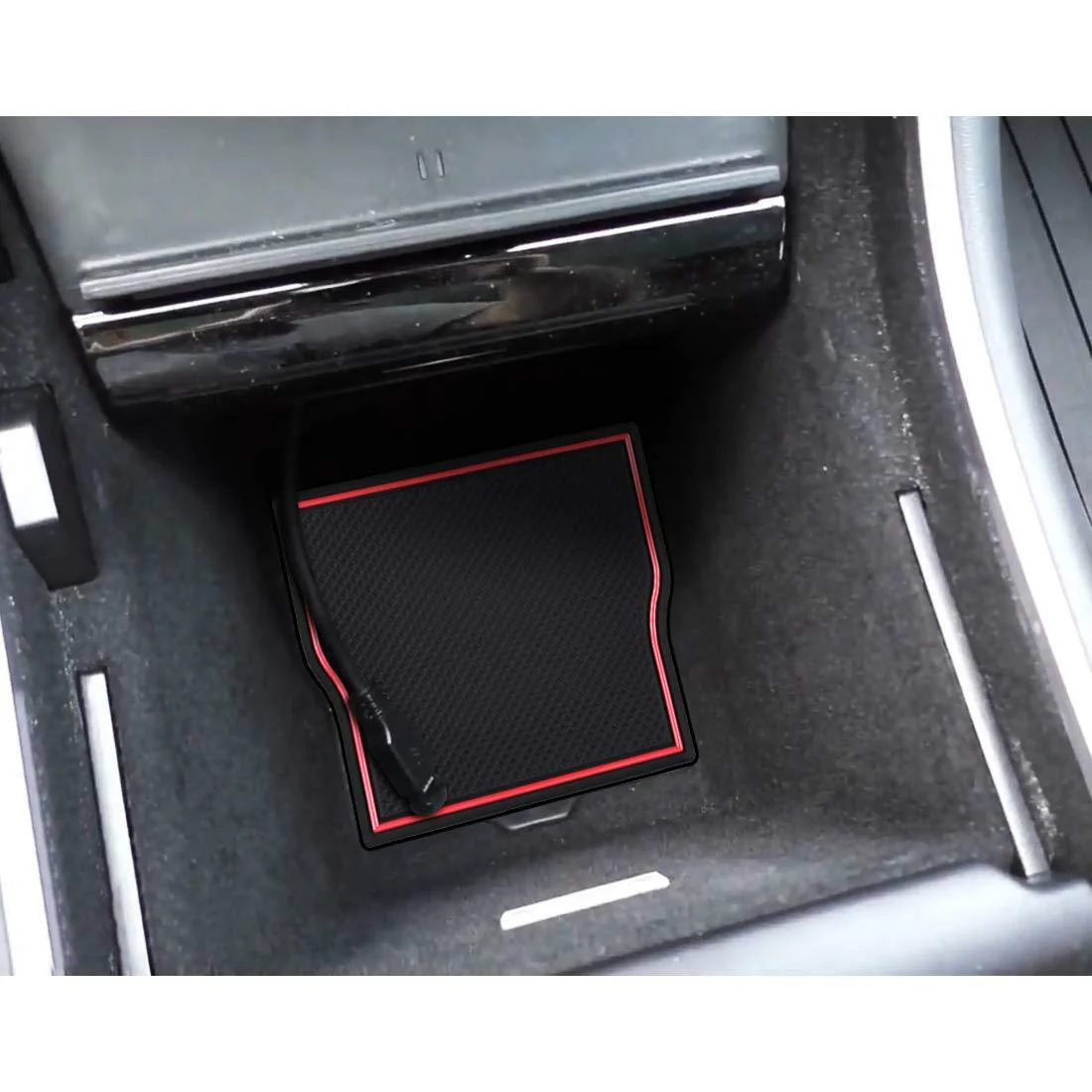 Tesla Model 3 Cup Holder & Center Console Mat Liner Set, 7-Piece, Black / Red, 2017-2020 - Image 8